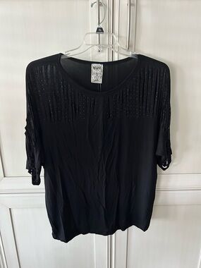 Vocal Black Short Sleeve Top with Cutout Rhinestone Yoke and Sleeves